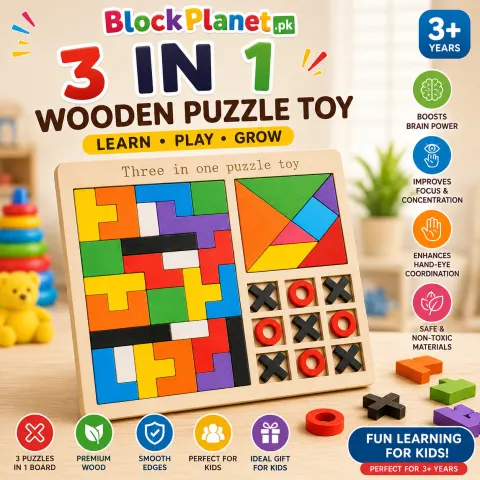 3-in-1 Wooden Puzzle Board — Tangram, Blocks & Tic-Tac-Toe