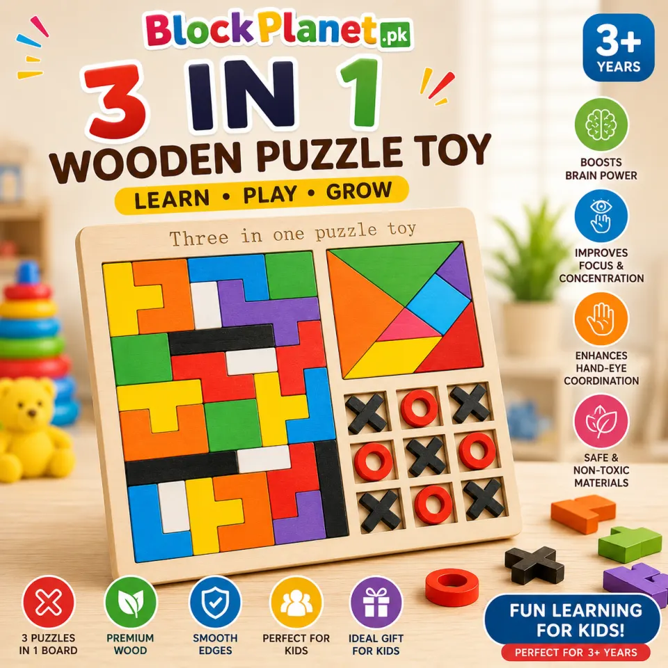 3-in-1 Wooden Puzzle Board — Tangram, Blocks & Tic-Tac-Toe